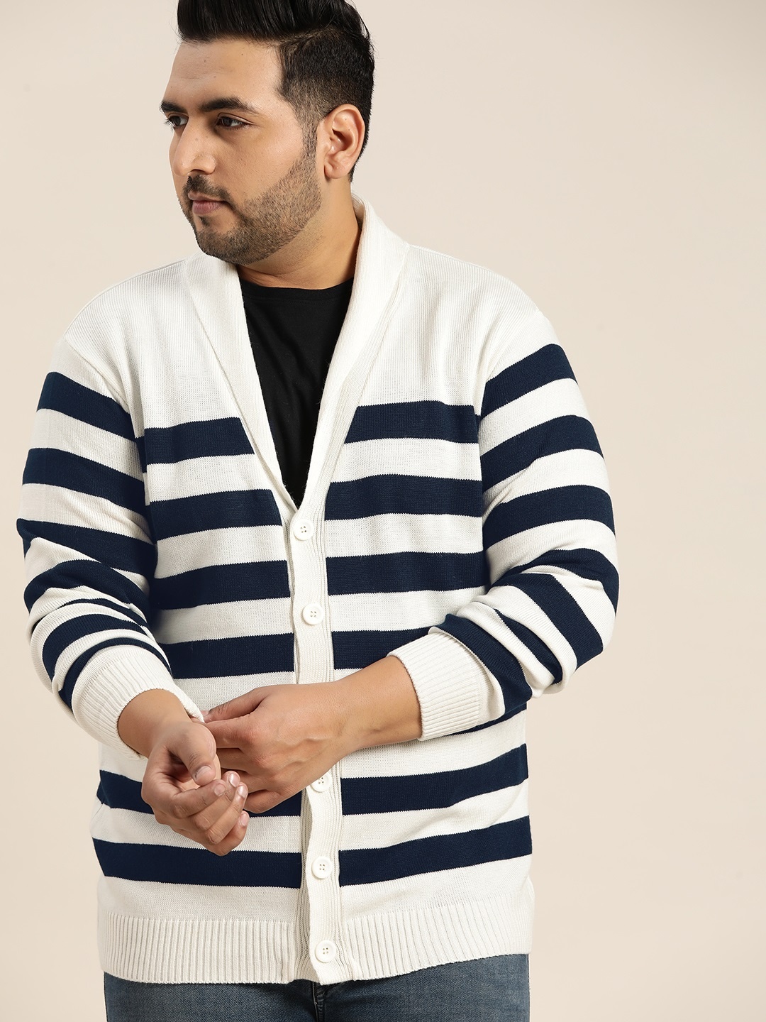 

Sztori Men Plus Size Off White & Navy Blue Striped Cardigan