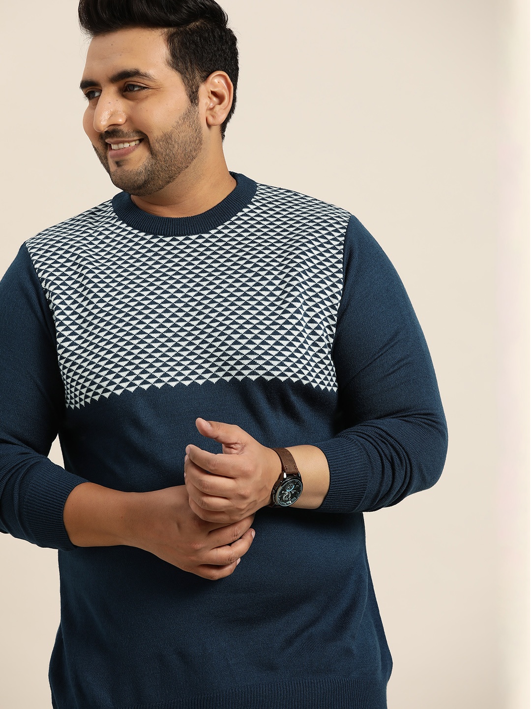 

Sztori Men Plus Size Teal Blue & White Geometric Pullover