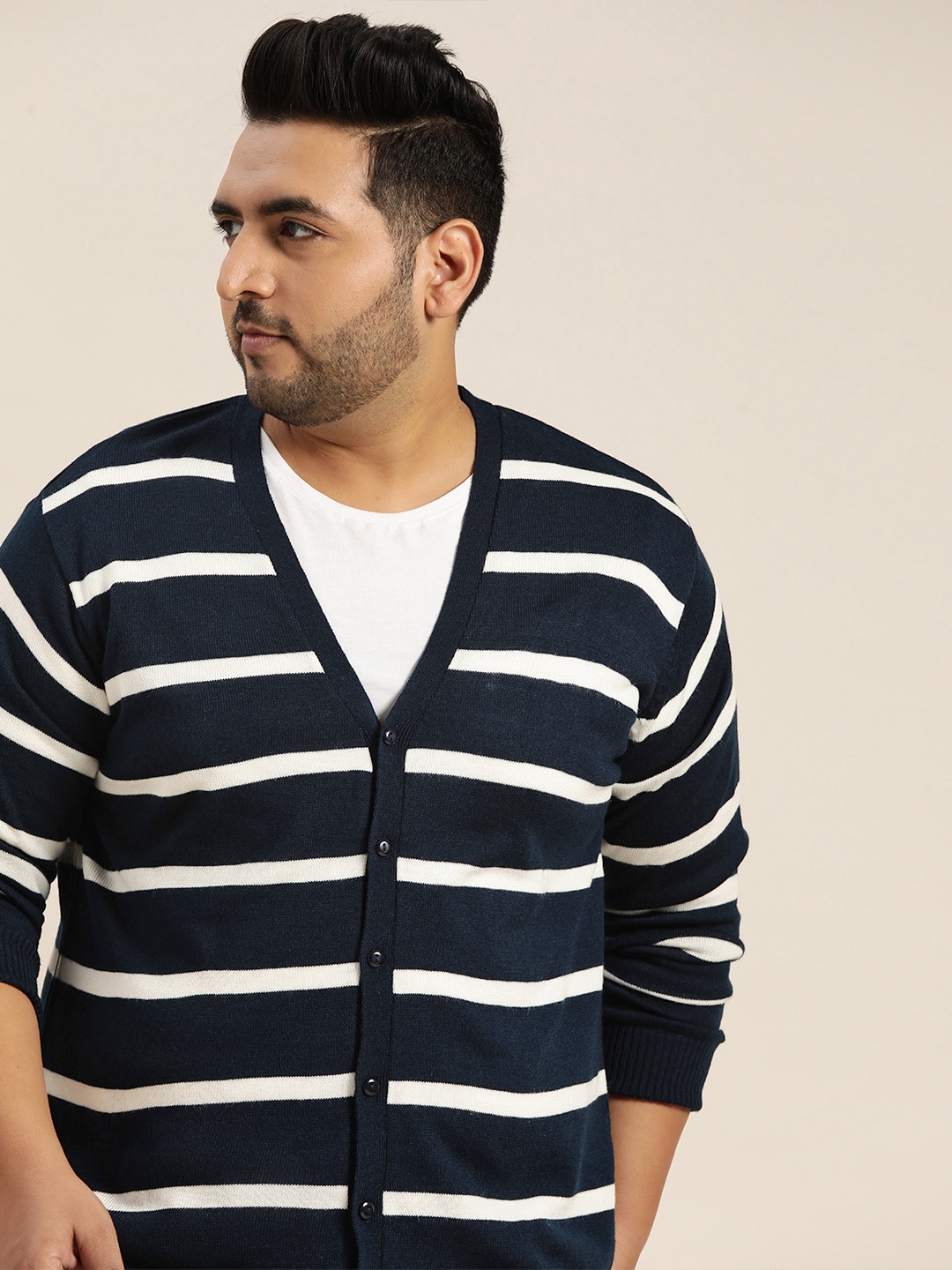 

Sztori Men Plus Size Navy Blue & White Striped Cardigan
