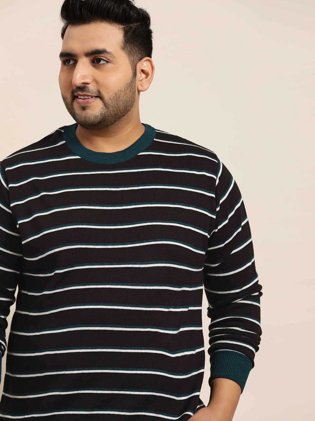 

Sztori Men Plus Size Black & White Striped Pullover