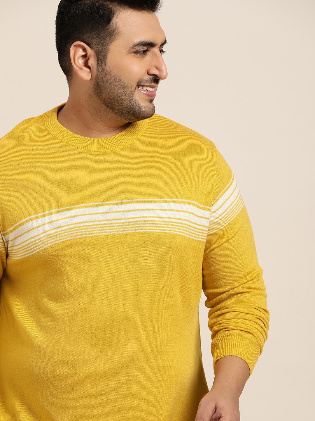 

Sztori Men Plus Size Yellow & White Striped Pullover