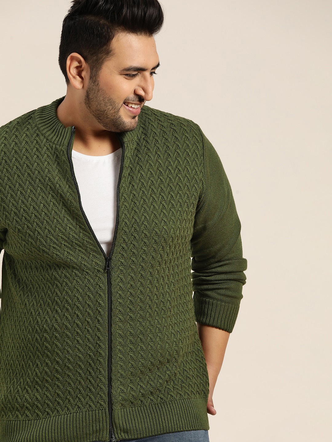 

Sztori Men Plus Size Olive Green Cable Knit Cardigan