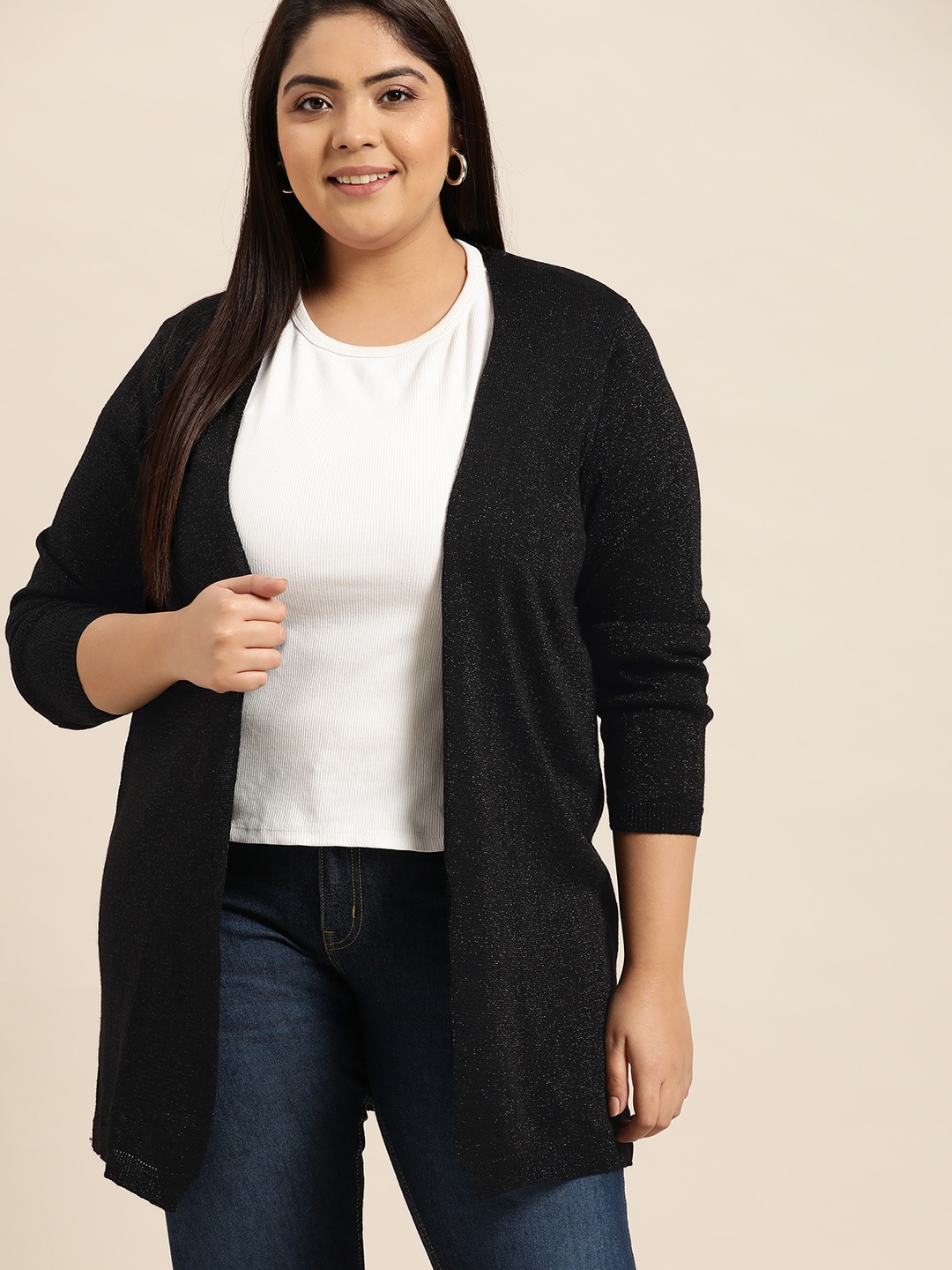 

Sztori Women Plus Size Black Longline Front-Open Shimmery Sweater