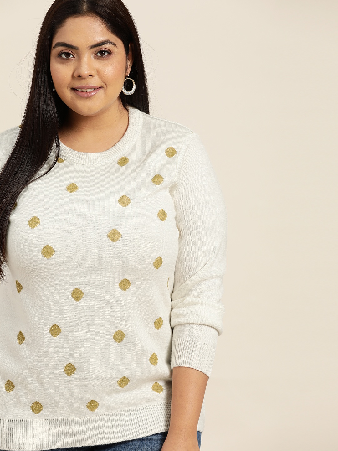 

Sztori Women Plus Size Off-White & Golden Lurex Polka Dots Design Pullover
