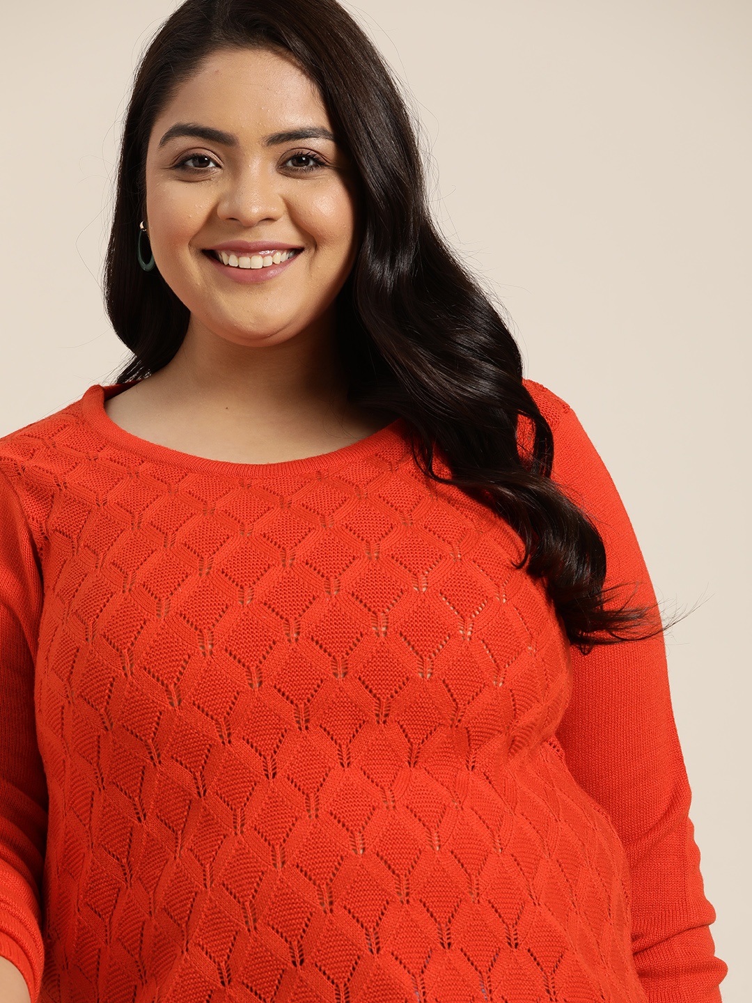 

Sztori Women Plus Size Orange Geometric Woven Design Pullover