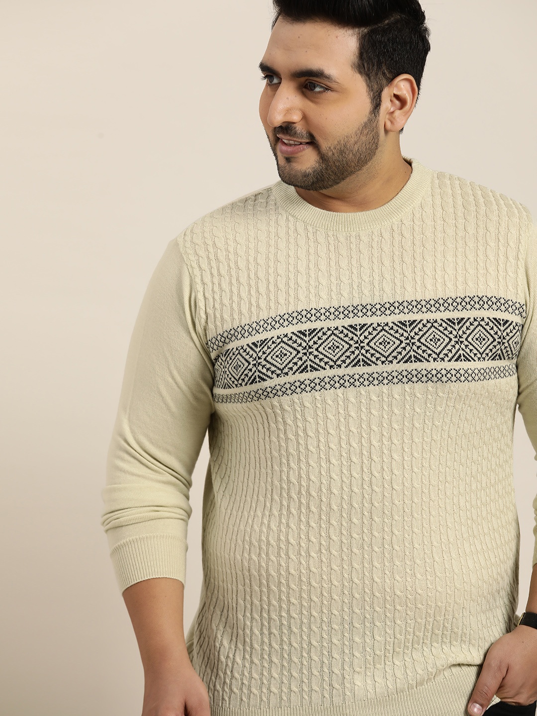 

Sztori Men Plus Size Off White Cable Knit Pullover