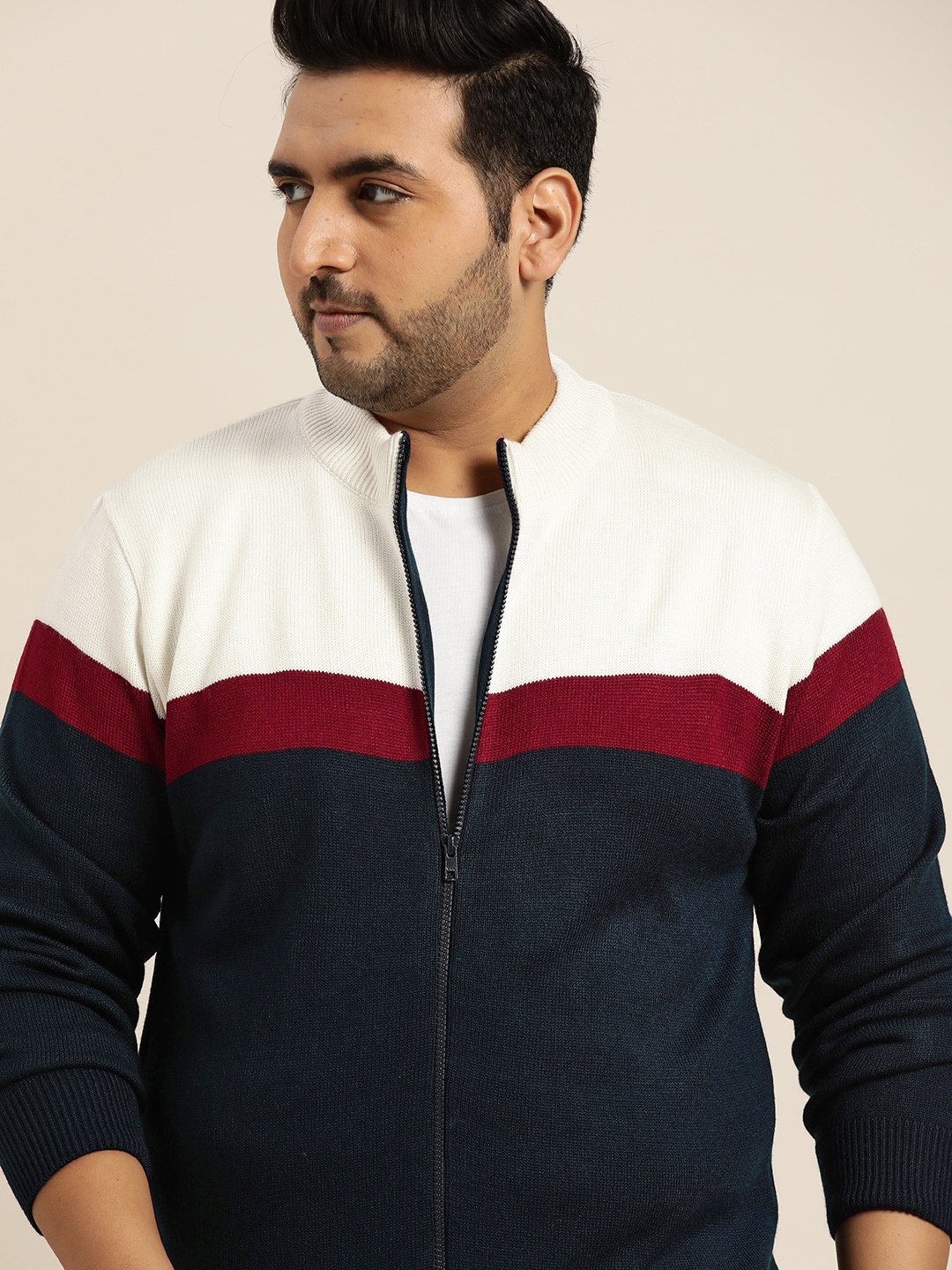 

Sztori Men Plus Size Navy Blue & White Colourblocked Cardigan