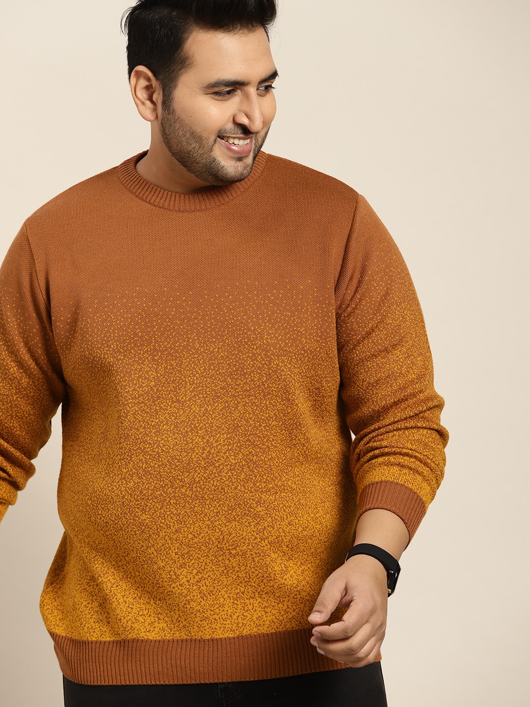 

Sztori Men Plus Size Mustard Brown & Yellow Jacquard Pattern Ombre Effect Pullover