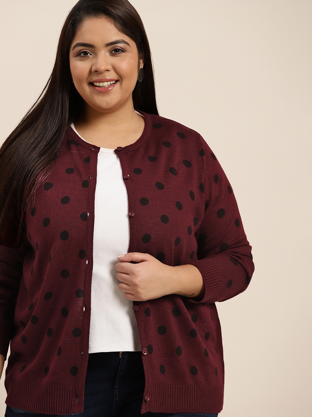 

Sztori Women Plus Size Maroon & Black Polka Dots Printed Cardigan