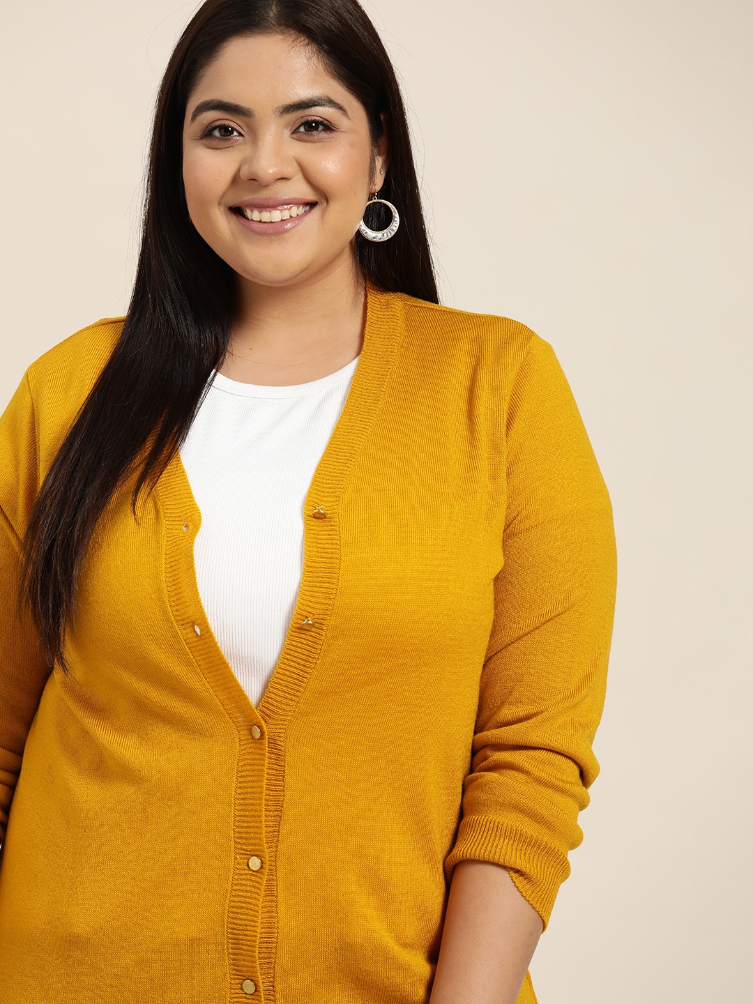 

Sztori Women Plus Size Mustard Yellow Solid Cardigan