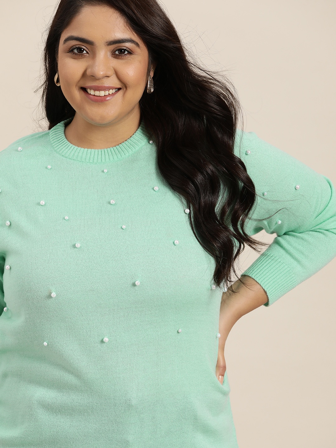 

Sztori Women Plus Size Green Solid Beaded Pullover