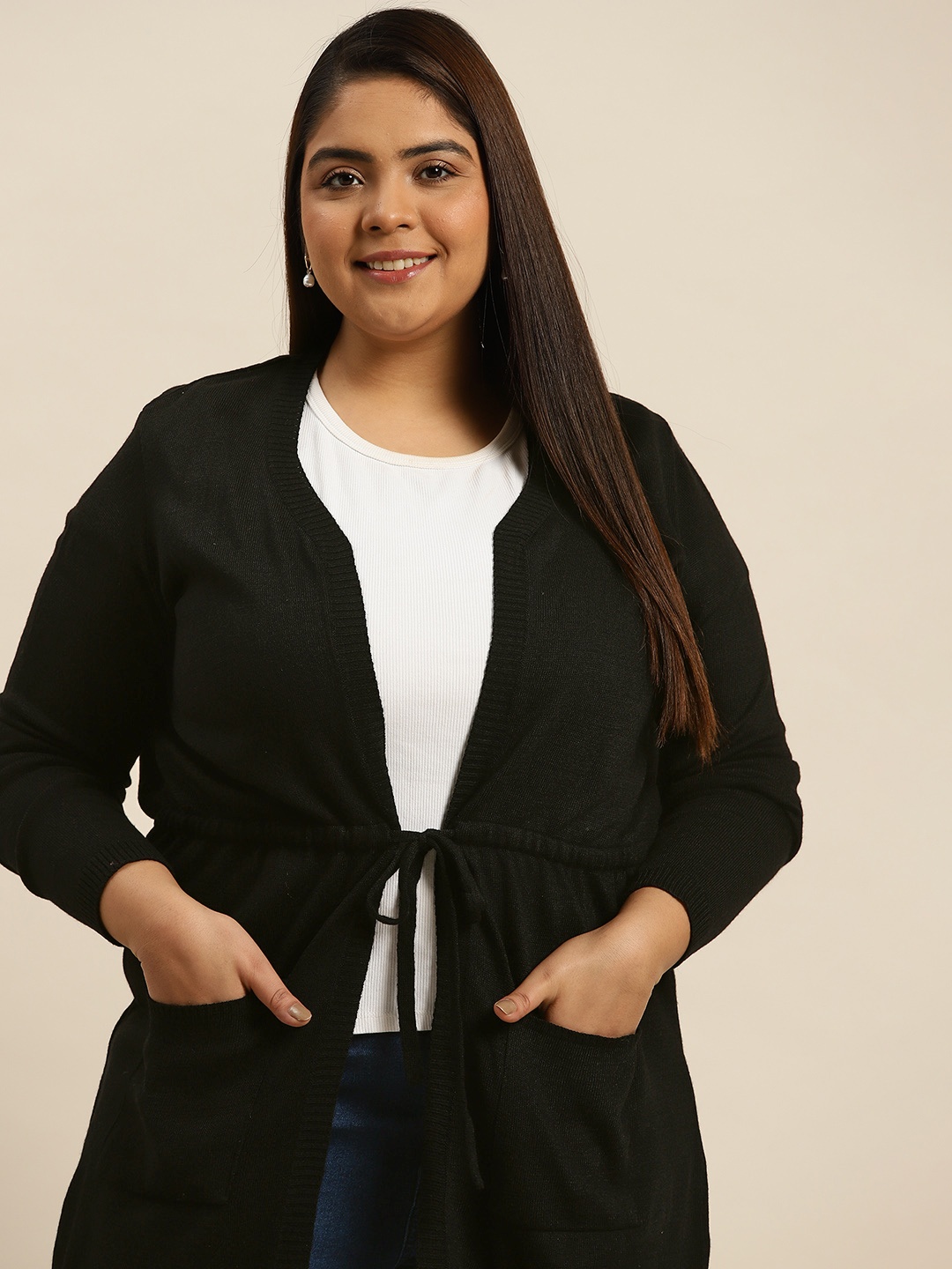

Sztori Women Plus Size Black Solid Longline Front-Open Sweater