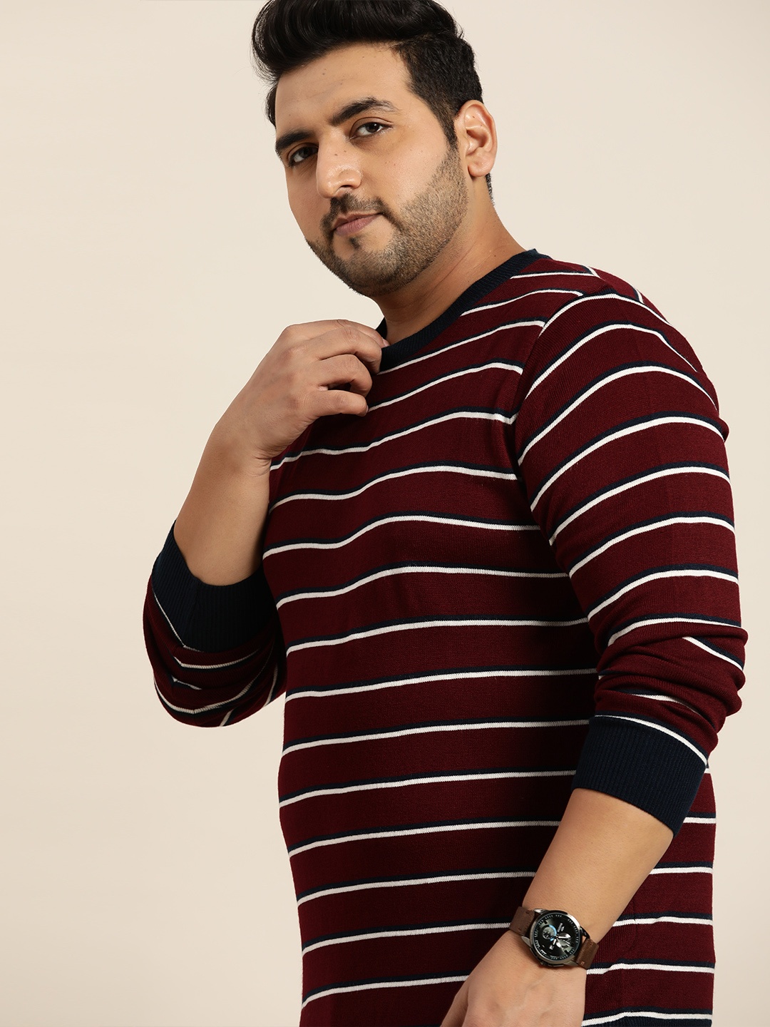 

Sztori Men Plus Size Maroon & Navy Blue Striped Pullover