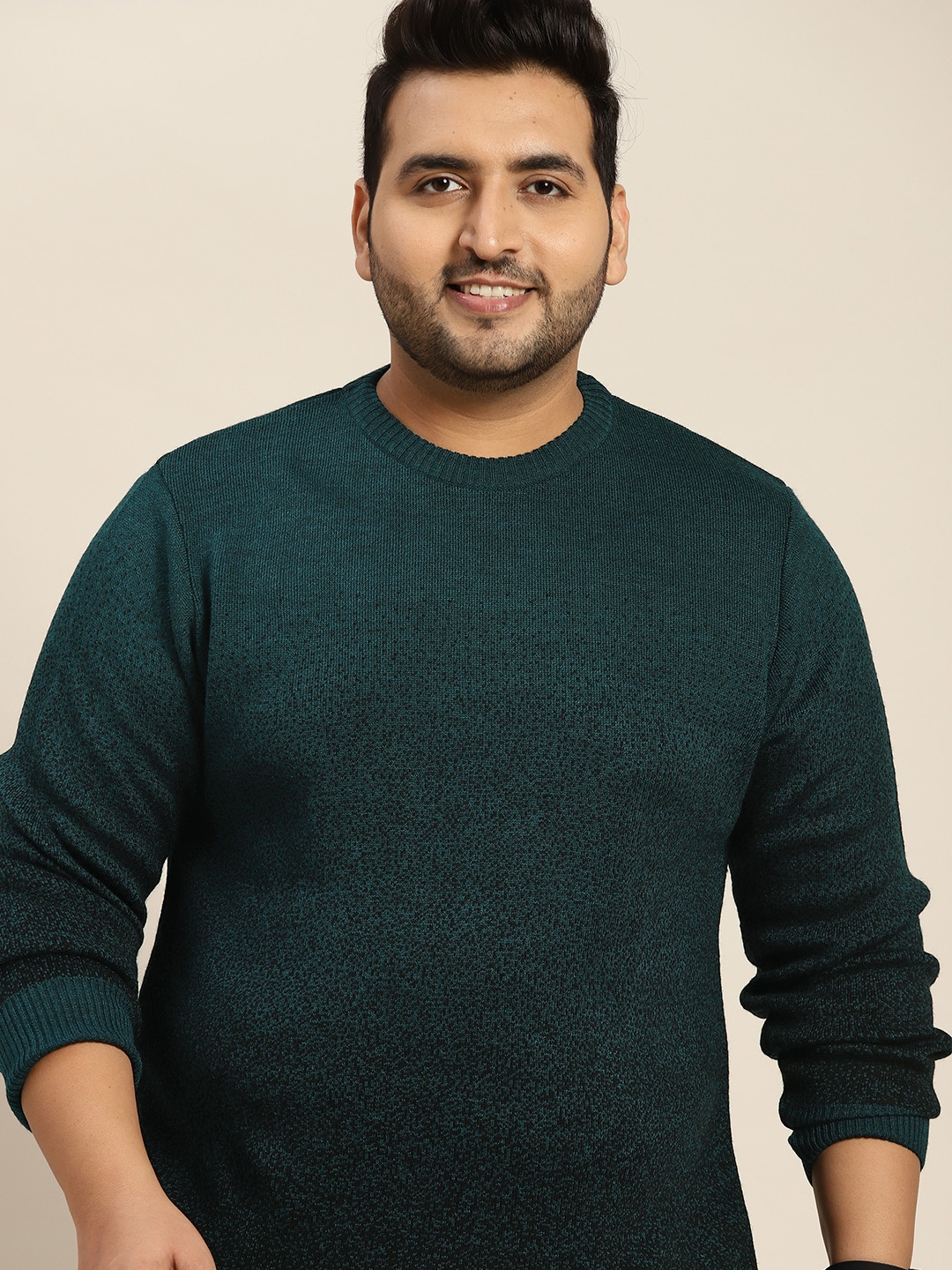 

Sztori Men Plus Size Teal Green Jacquard Pattern Ombre Effect Pullover