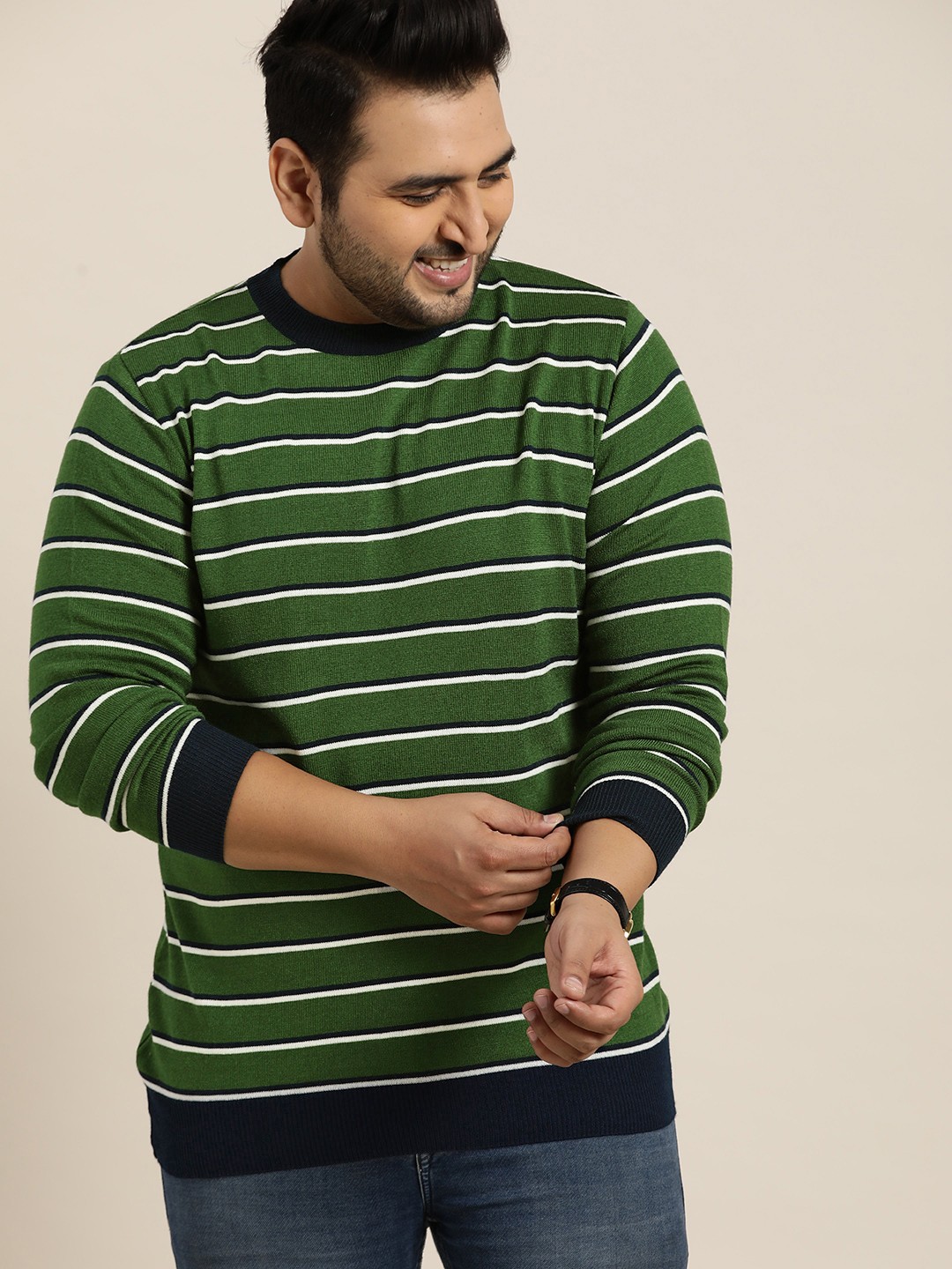 

Sztori Men Plus Size Olive Green & White Striped Pullover