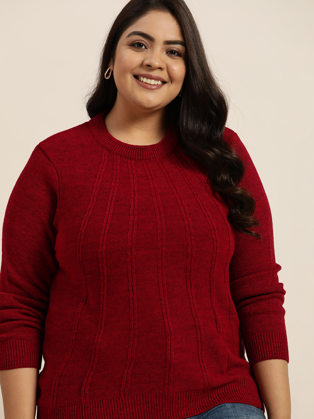 

Sztori Women Plus Size Maroon Self Striped Pullover
