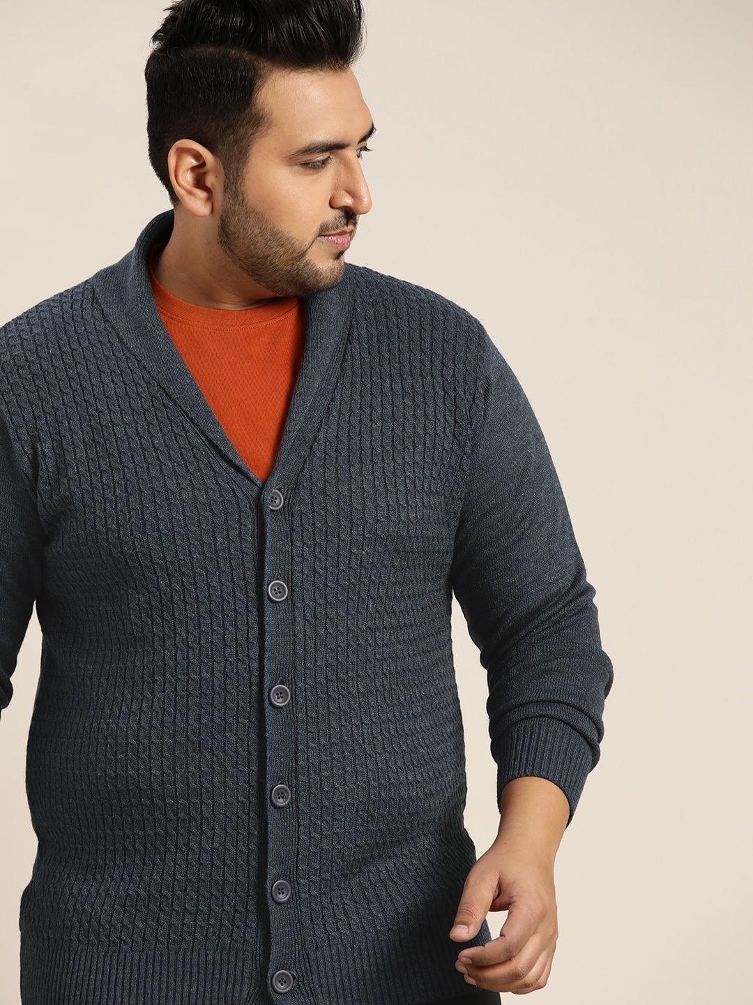 

Sztori Men Plus Size Navy Blue Cable Knit Cardigan