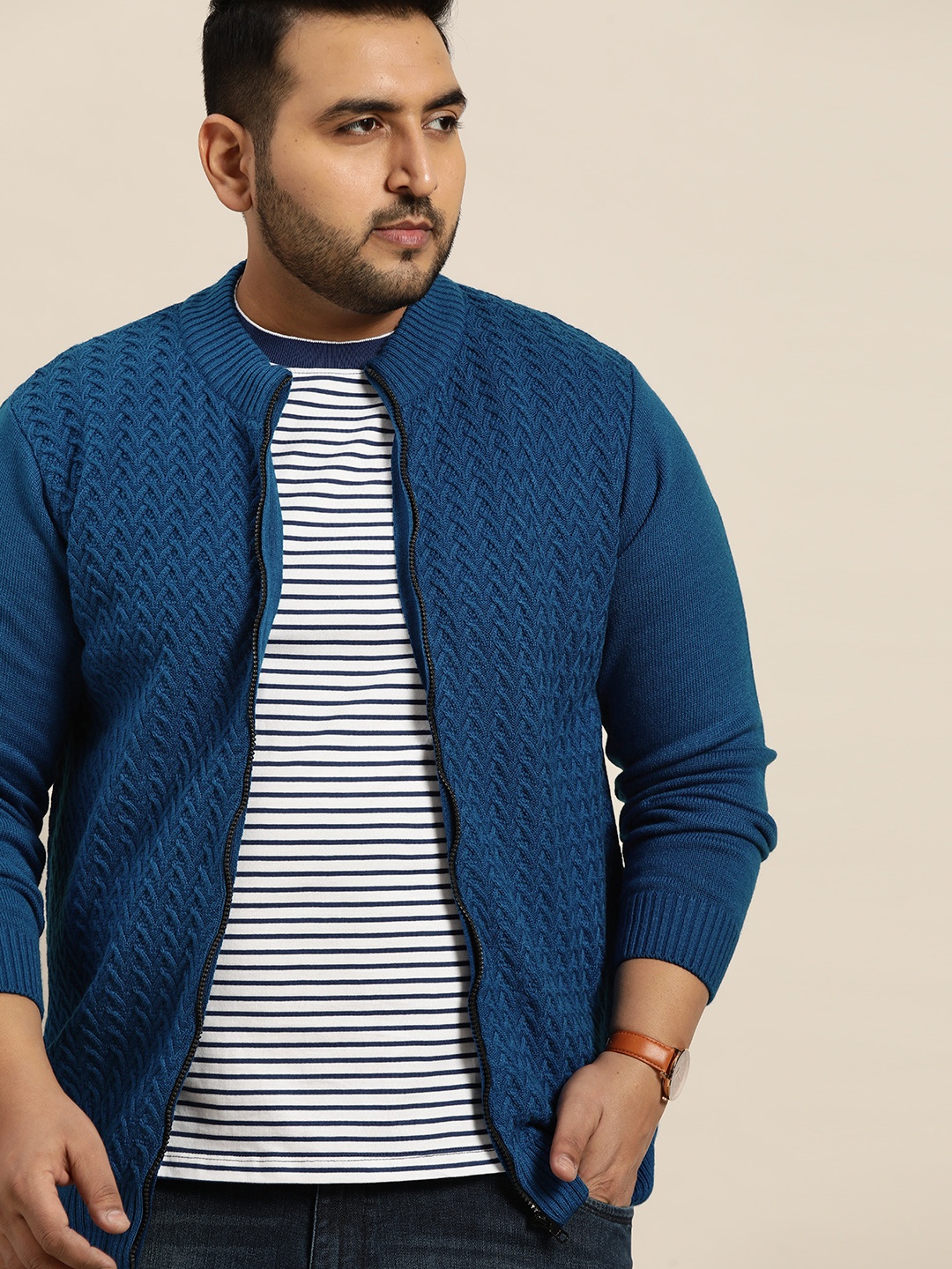 

Sztori Men Blue Plus Size Cable Knit Patterned Front-Open Cardigan
