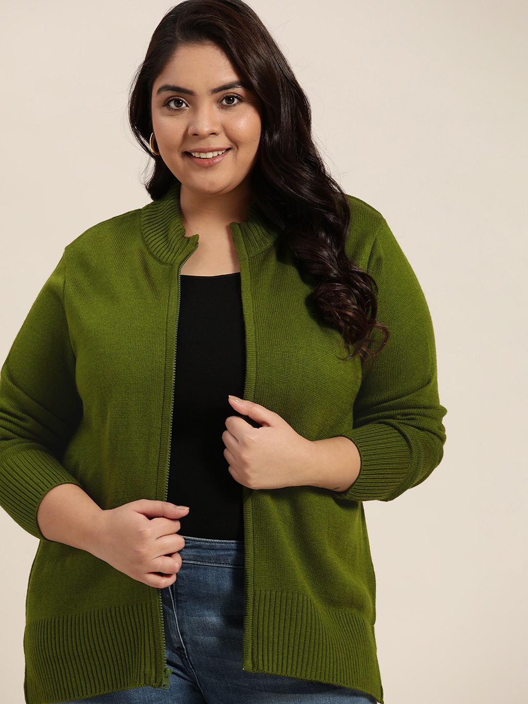 

Sztori Women Plus Size Olive Green Solid Zipper Cardigan