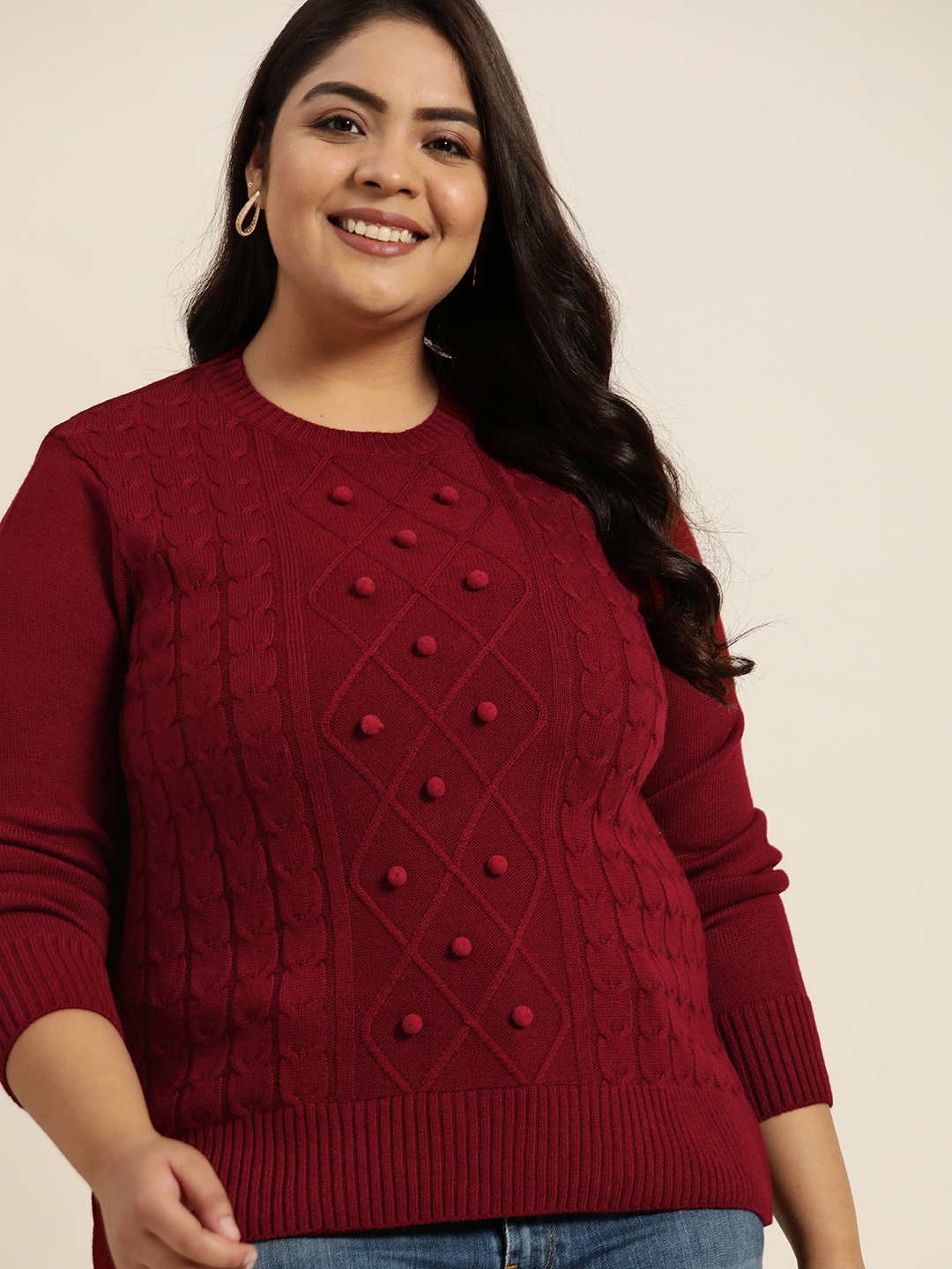 

Sztori Women Plus Size Maroon Self Design Pullover with Pom Pom Detail
