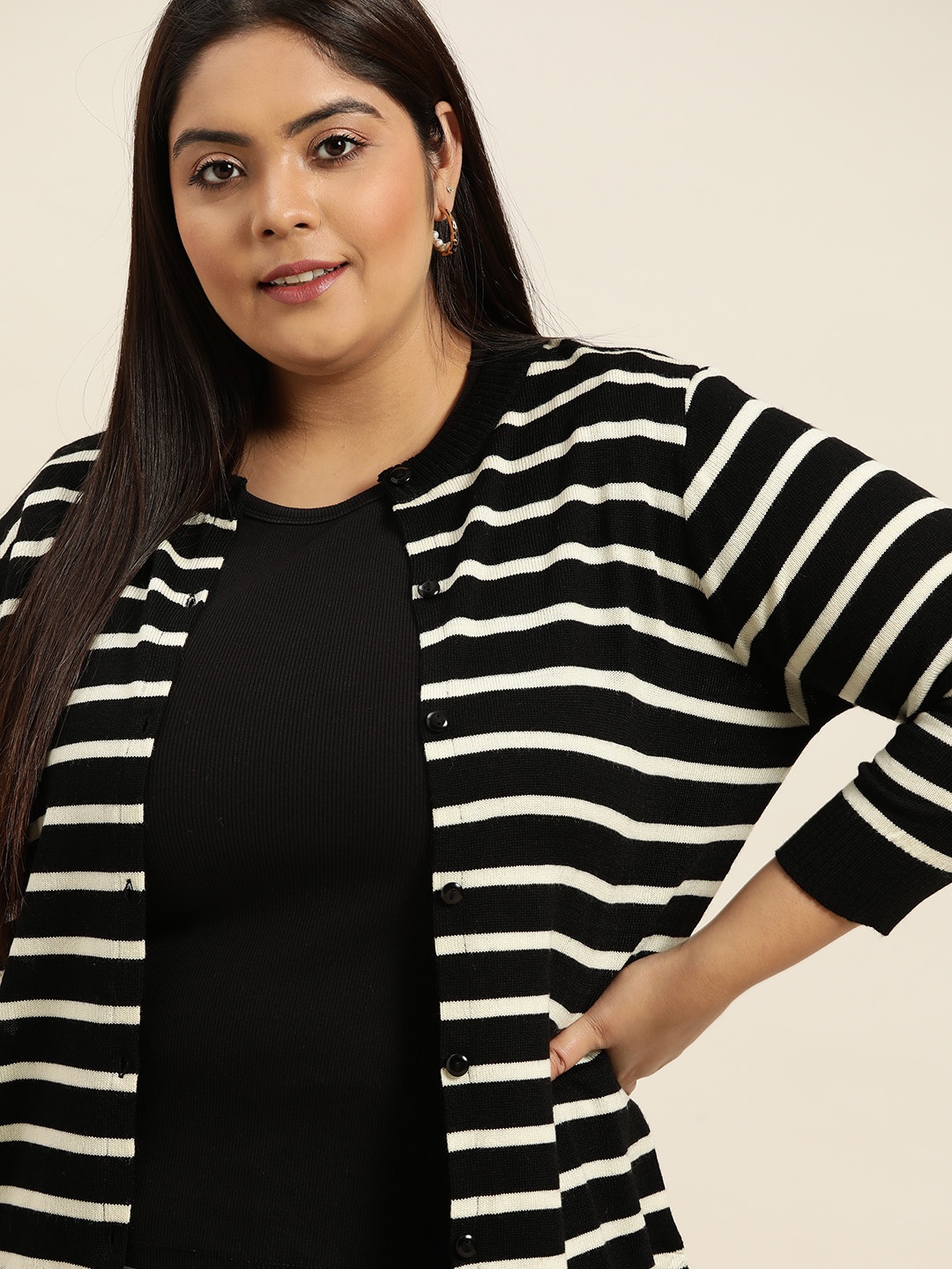 

Sztori Plus Size Women Black & White Striped Cardigan