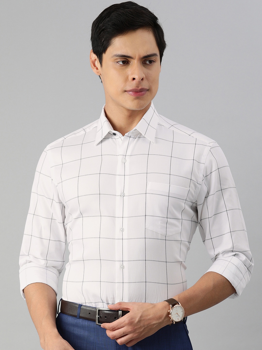 

Arrow New York Men White & Blue Slim Fit Windowpane Checks Checked Formal Shirt