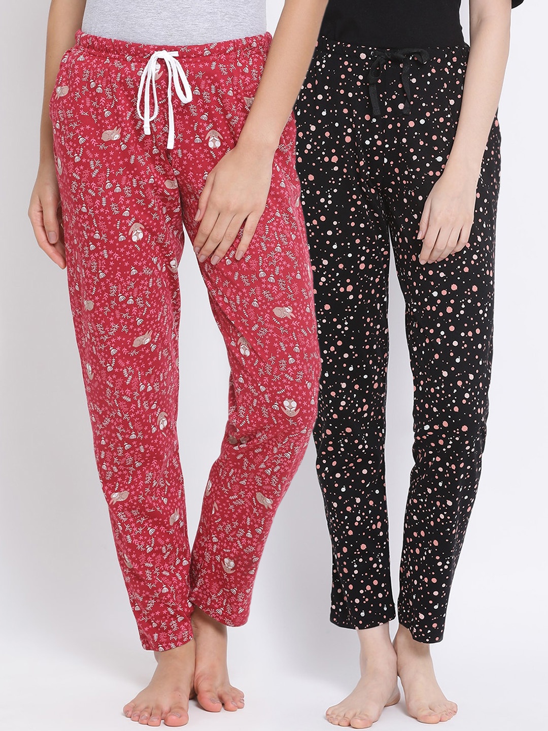 

Kanvin Women Pack of 2 Printed Pure Cotton Lounge Pants, Black