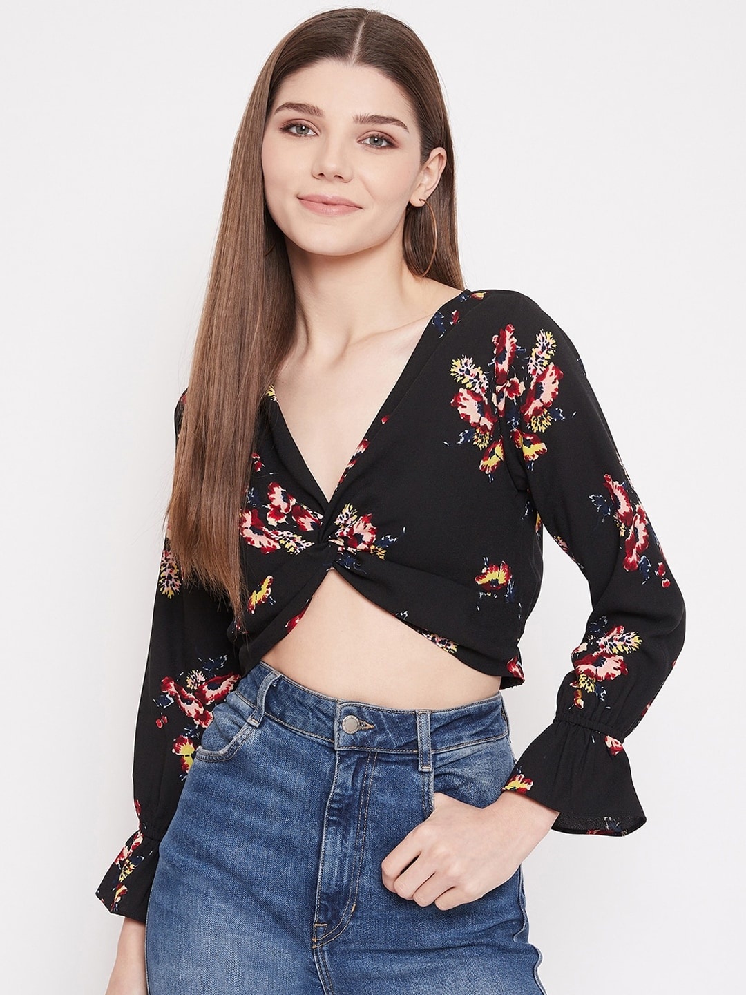 

Berrylush Black & Red Floral Bishop Sleeves Crepe Wrap Crop Top