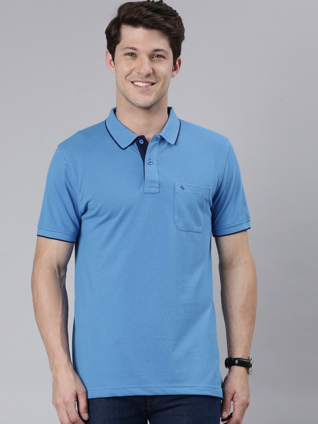

Classic Polo Men Blue Solid Polo Collar T-shirt