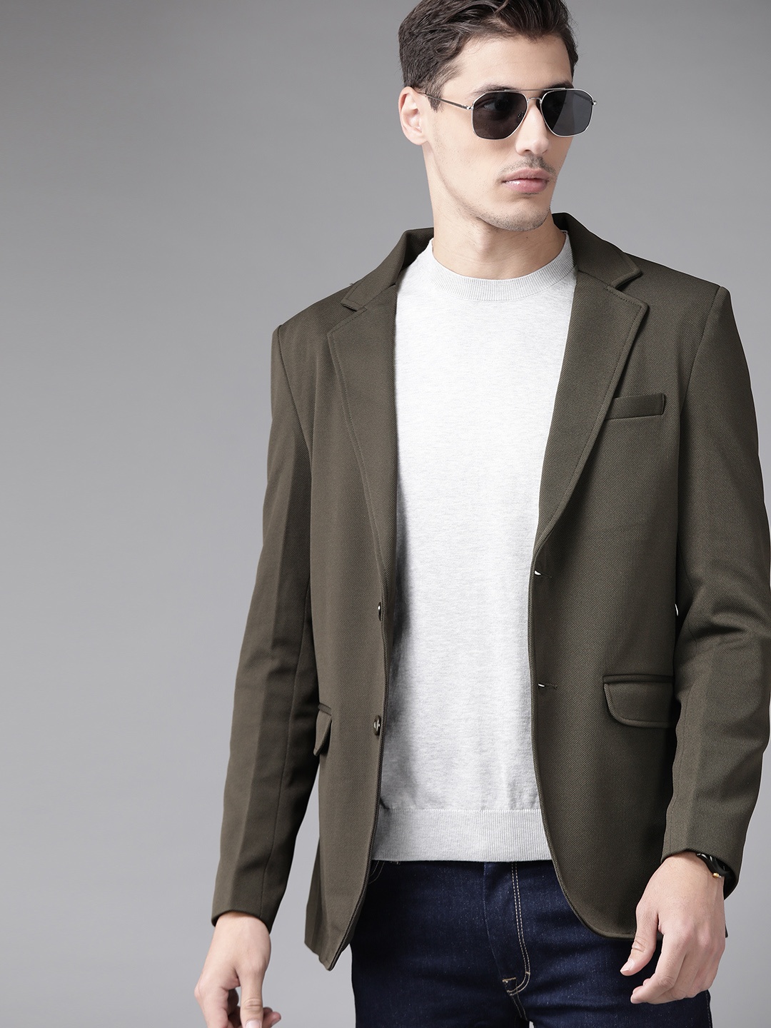 

Roadster Men Olive Green Regular Fit Single-Breasted Casual Blazer