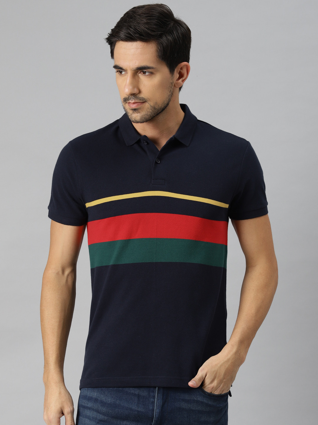 

Levis Men Navy Blue Striped Polo Collar T-shirt