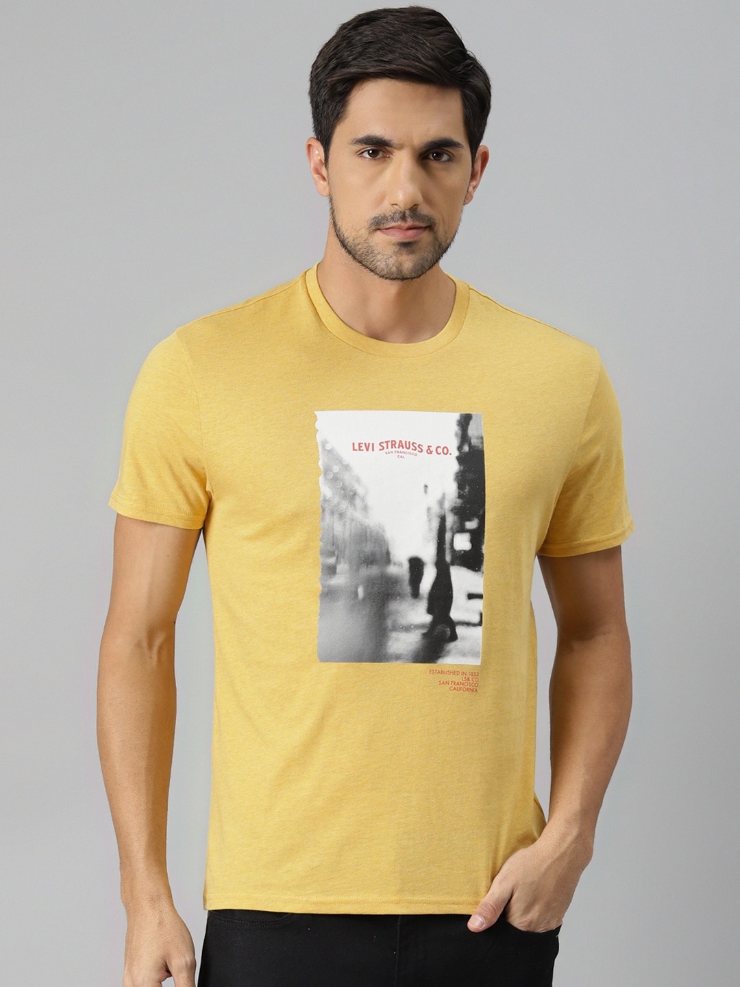 

Levis Men Mustard Yellow & White Pure Cotton Printed T-shirt