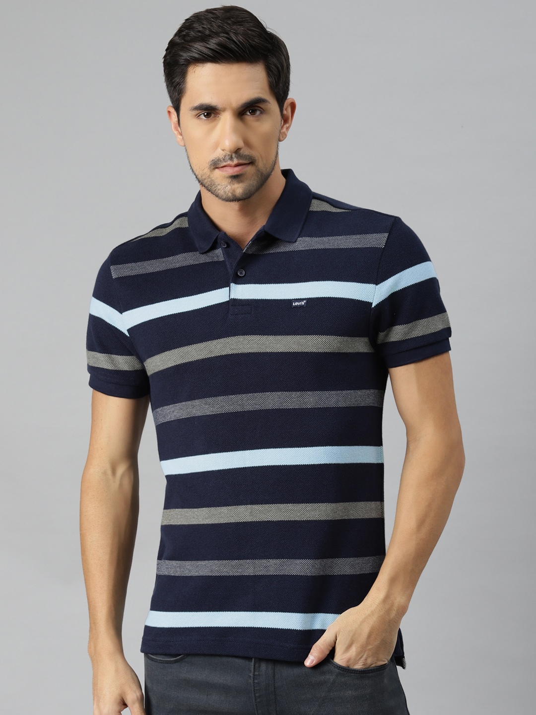 

Levis Men Navy Blue & Grey Striped Polo Collar T-shirt