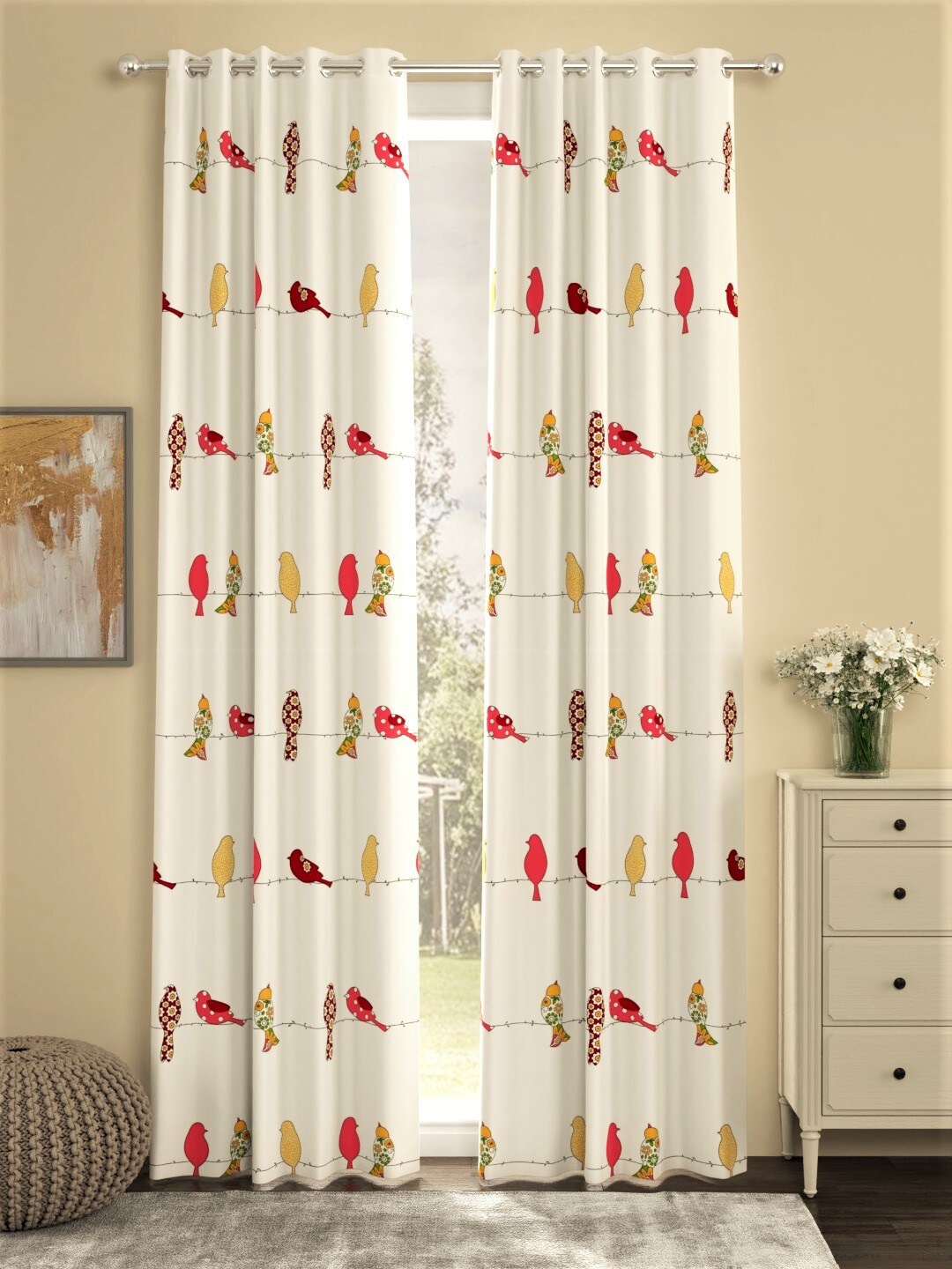 

URBAN SPACE Cream-Coloured & Pink Set of 2 Cotton Long Door Curtains