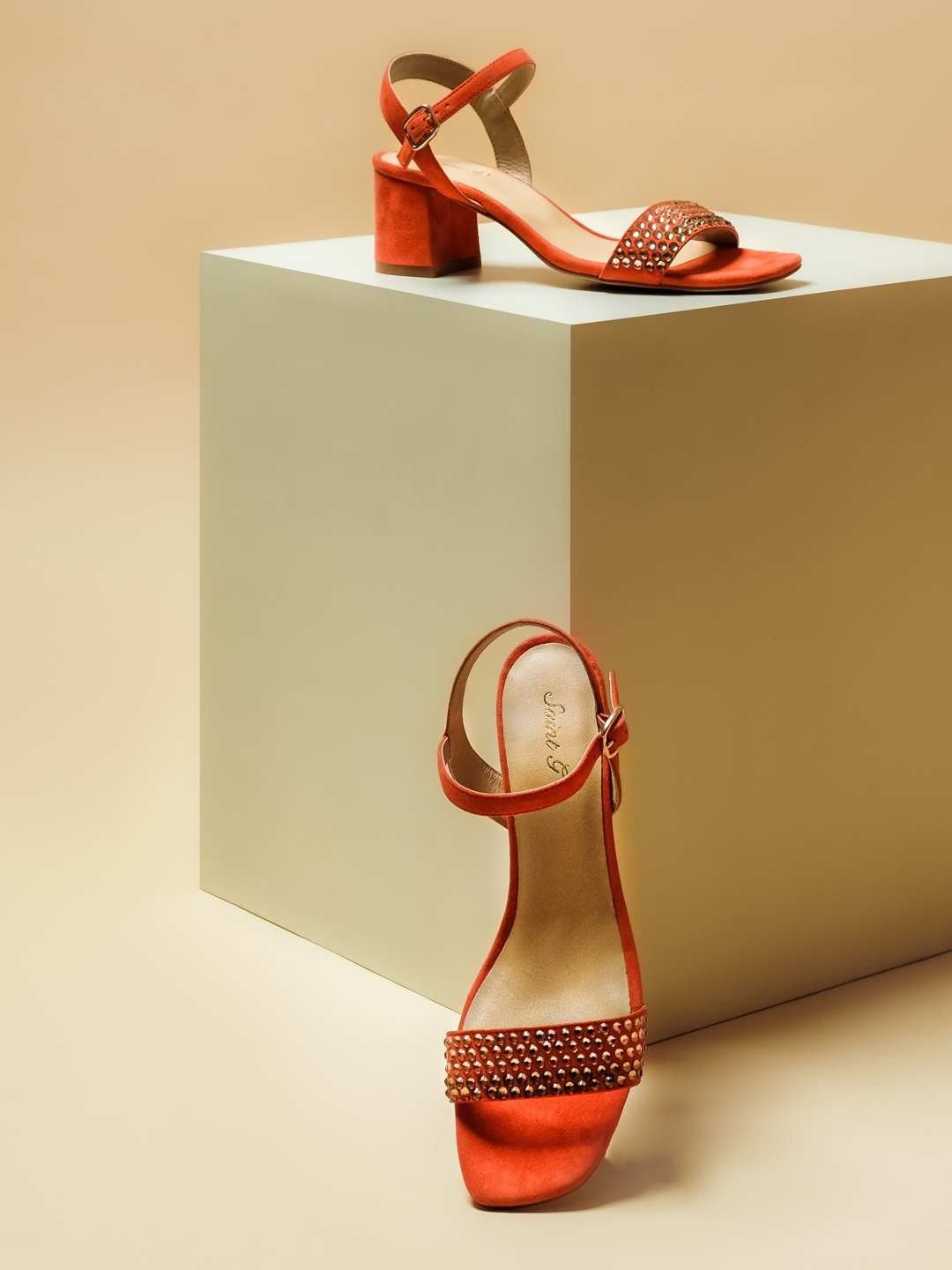 

Saint G Women Orange Stone Embellished Leather Block Heels