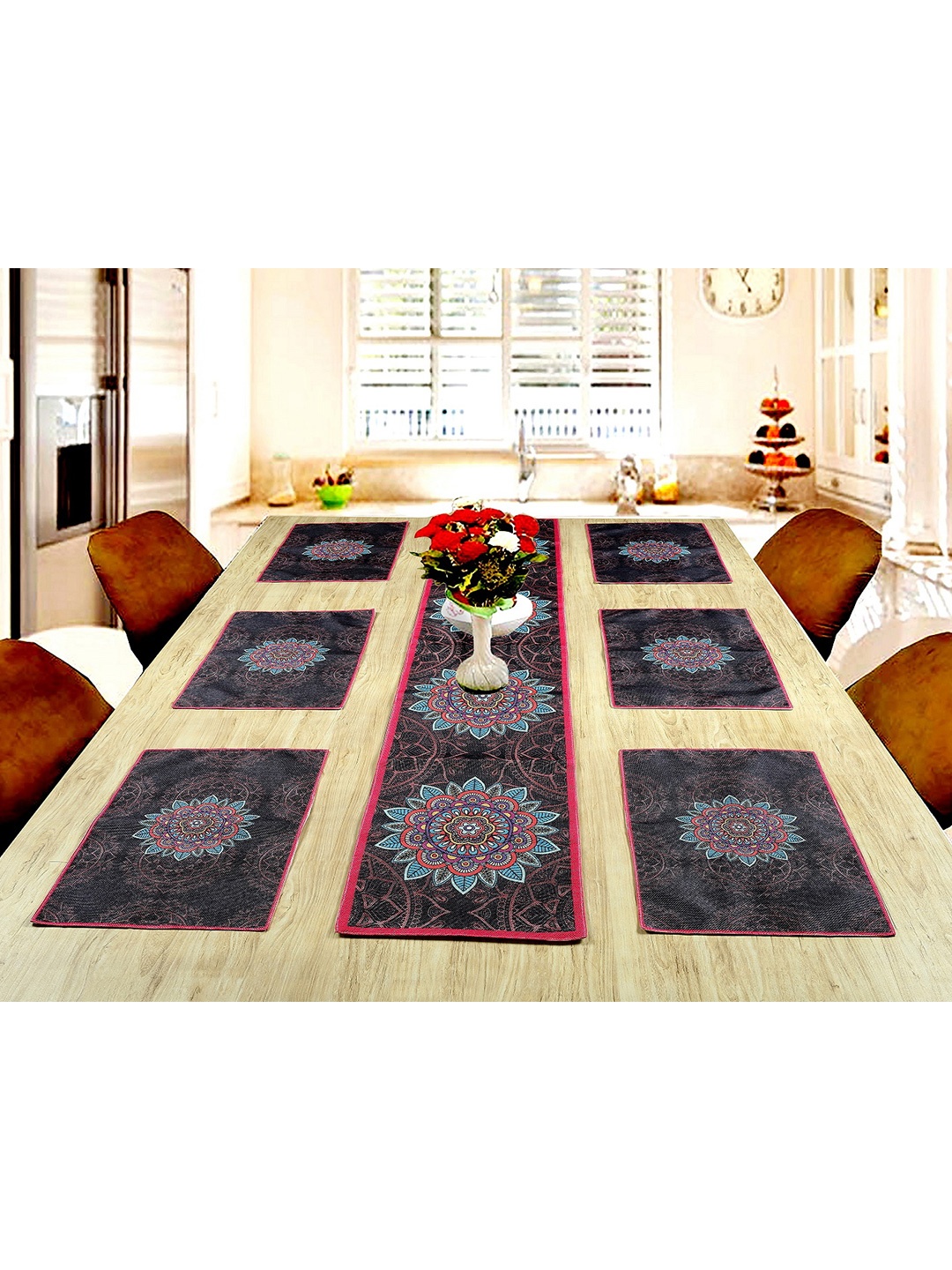 

BELLA TRUE Set of 7 Black & Brown Printed Table Placemats With Runner