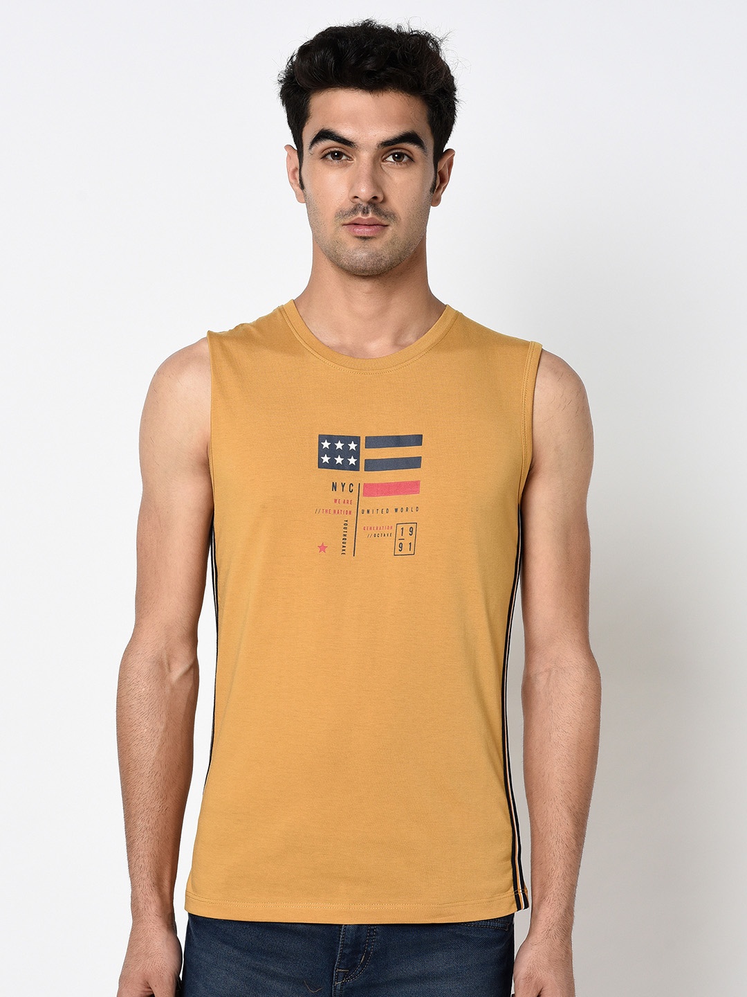 

Octave Men Mustard Yellow Printed Round Neck T-shirt