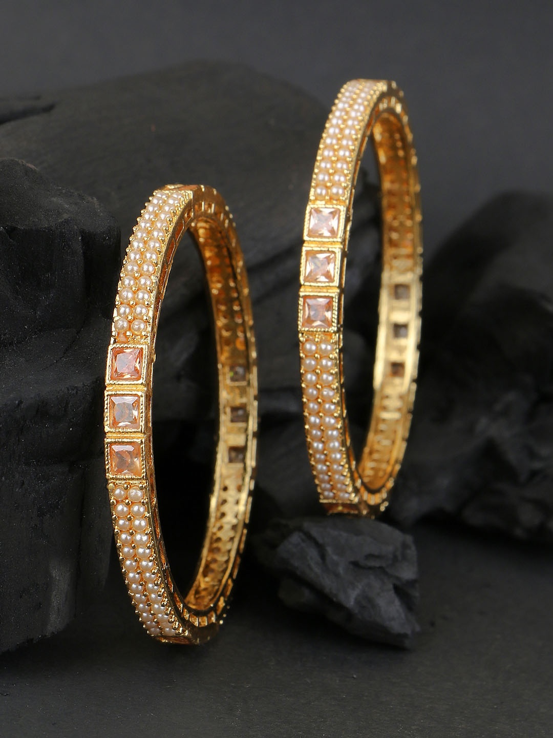 

Adwitiya Collection Set of 2 Gold-Plated & Beige Stone-Studded Handcrafted Bangles