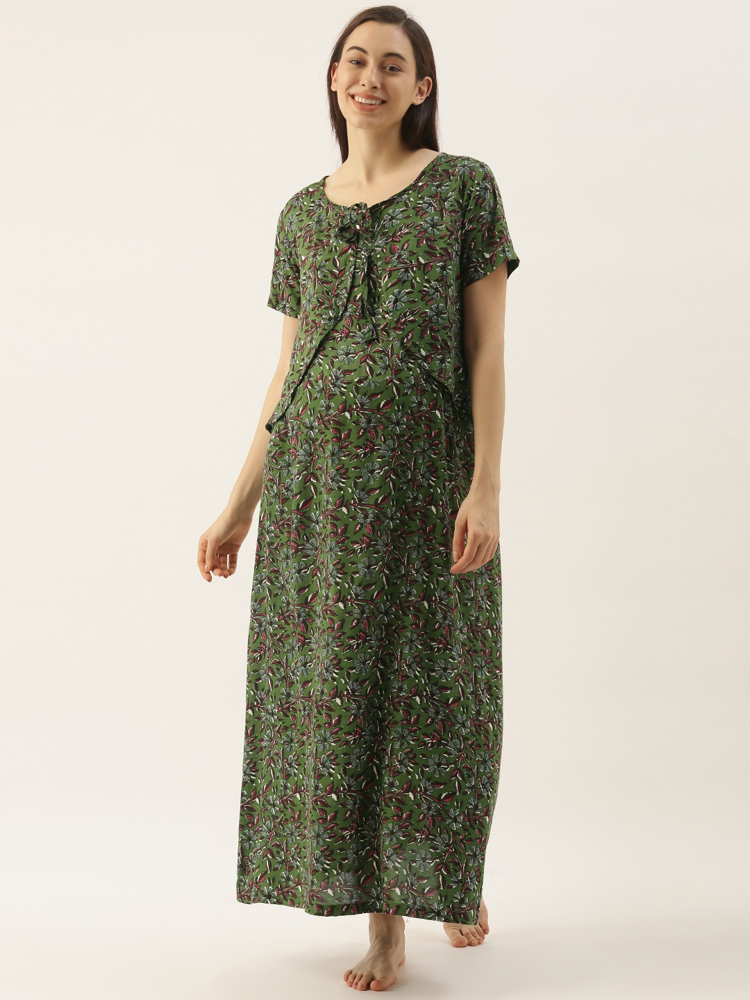 

Nejo Green & Red Printed Maxi Maternity Nightdress