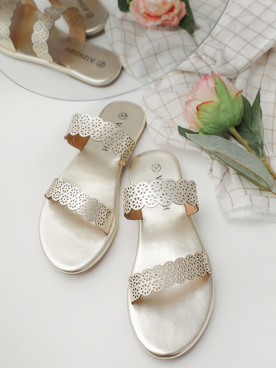 

Vishudh Women Gold-Toned Open Toe Flats with Laser Cuts