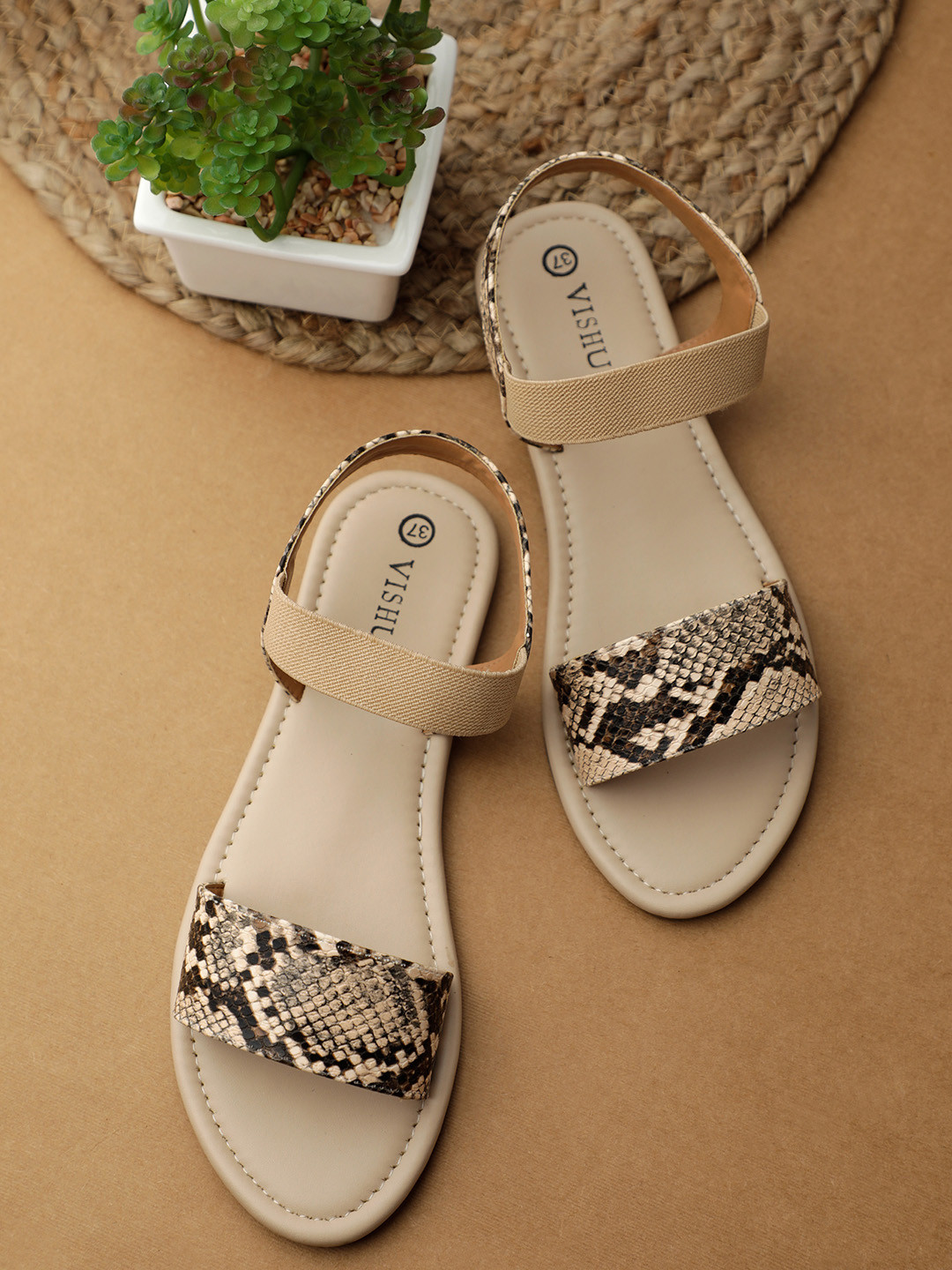 

Vishudh Women Beige Embellished Open Toe Flats