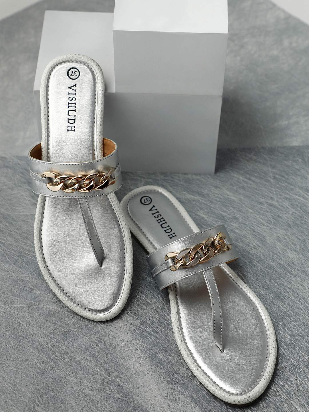 

Vishudh Women Silver-Toned T-Strap Flats