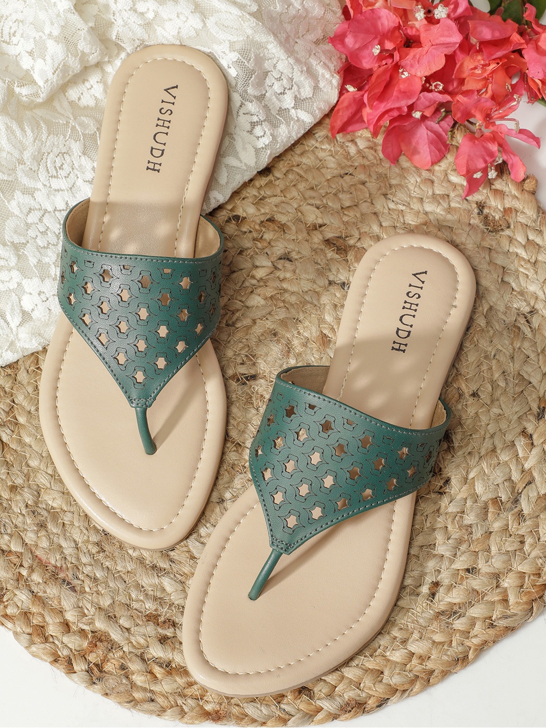 

Vishudh Women Teal Open Toe Flats with Laser Cuts