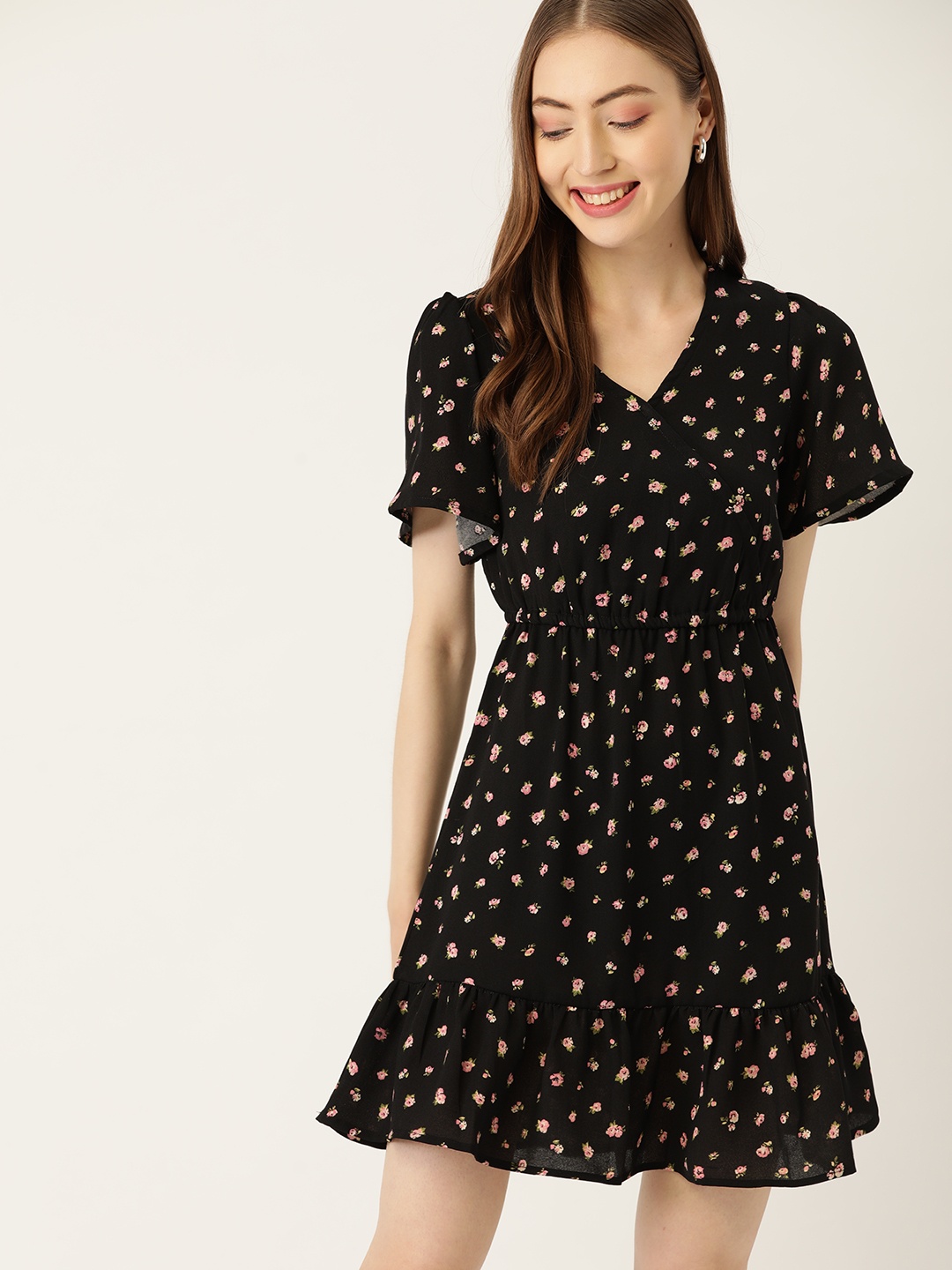 

DressBerry Black & Pink Floral Printed Wrap Dress