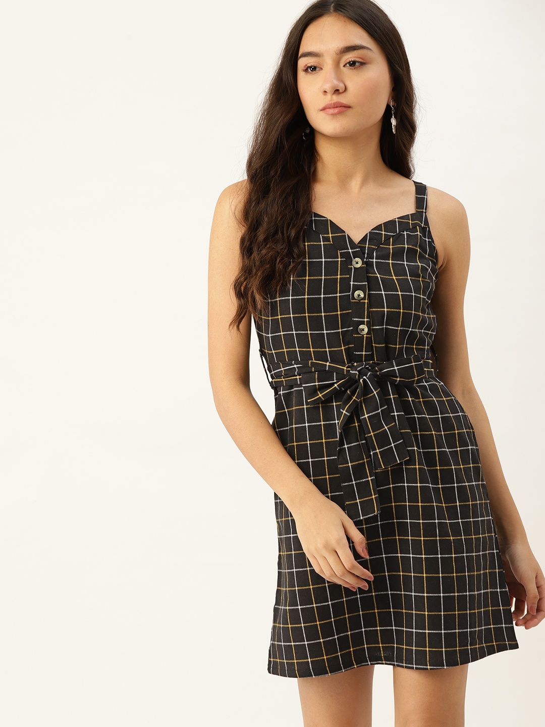 

DressBerry Women Stylish Black Checked Sweetheart Neck Dress