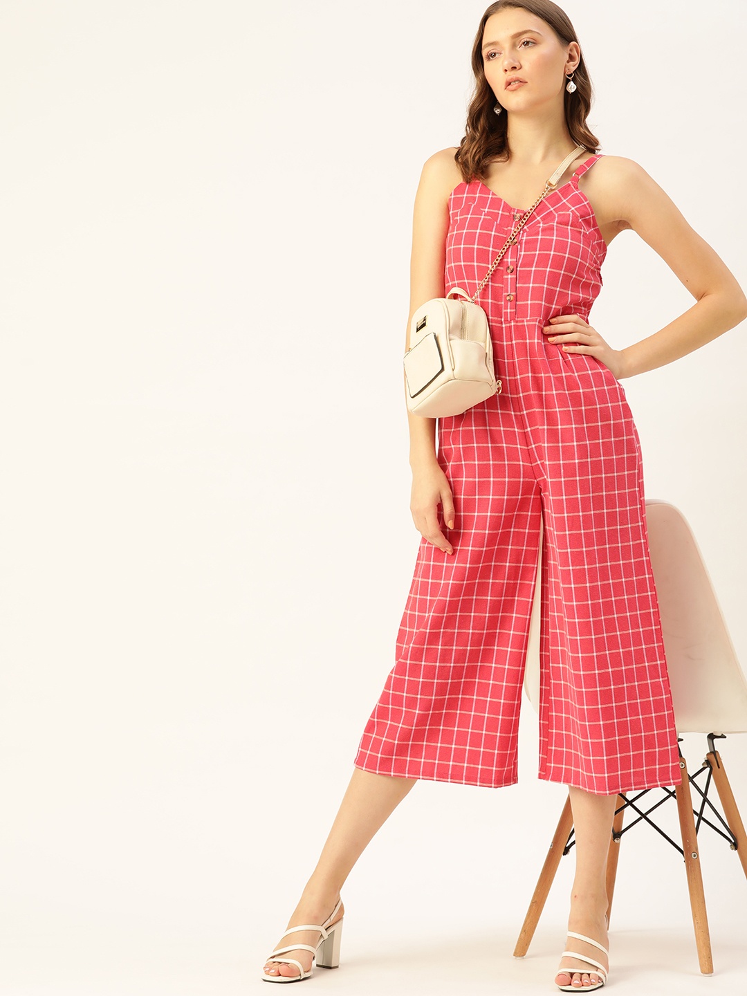 

DressBerry Coral Pink & Off White Pure Cotton Checked Culotte Jumpsuit