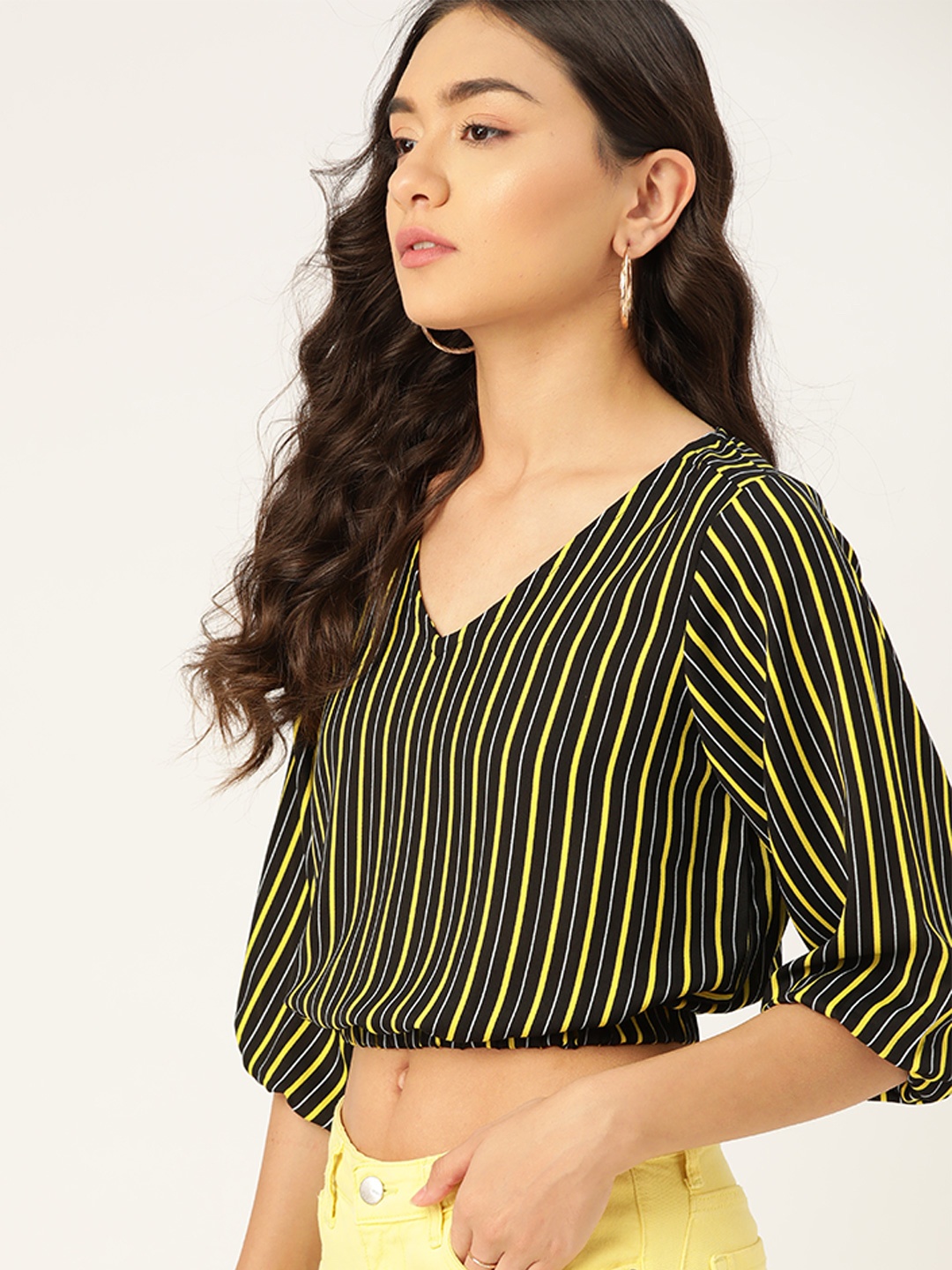 

DressBerry Black & Yellow Striped Crop Blouson Top