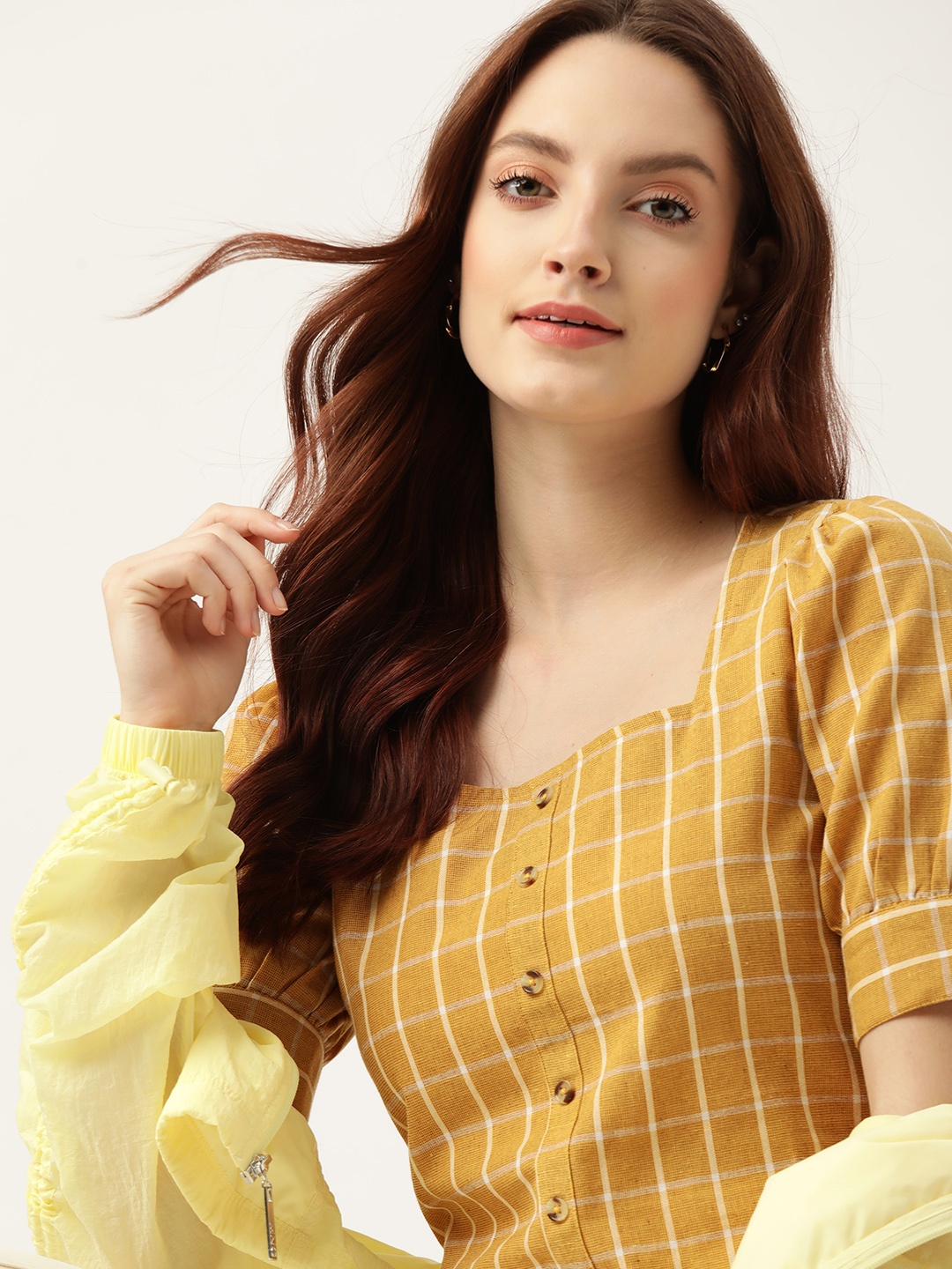 

DressBerry Mustard Yellow & White Checked Cotton Crop Top