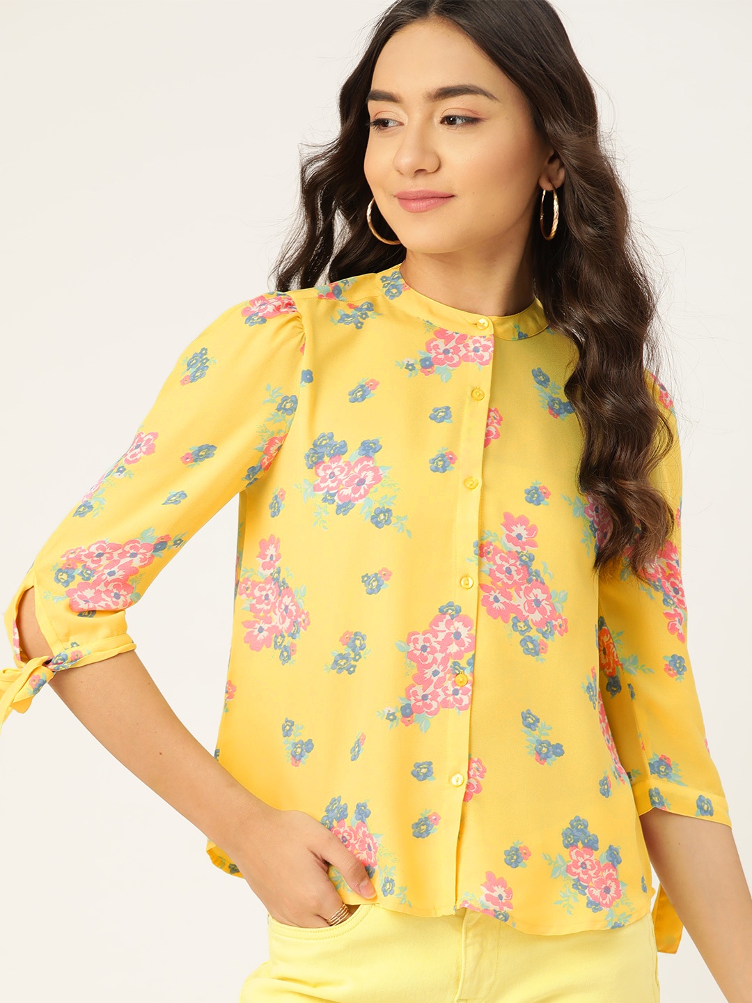 

DressBerry Yellow & Pink Floral Mandarin Collar Regular Top