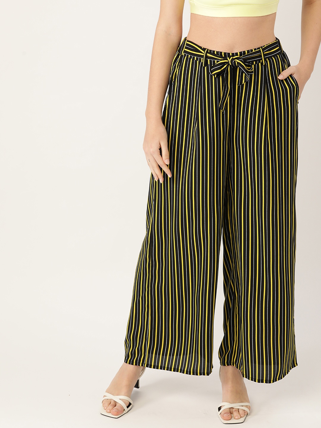 

DressBerry Women Black & Yellow Striped Parallel Trousers